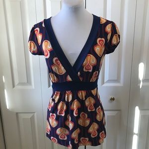 Navy Yellow Cap Sleeve Tie Back Top S by La8ter